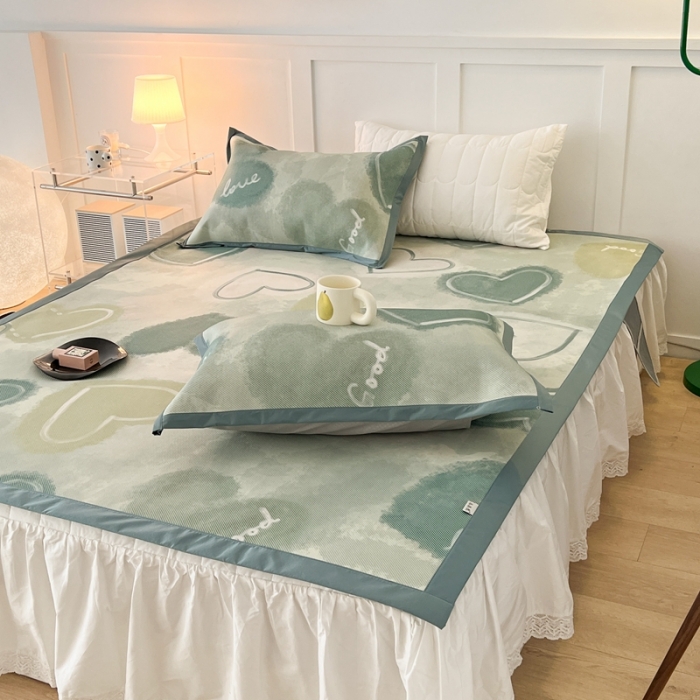 91家纺网 家纺一手货源 找家纺 昔可 2023新款高端数码冰藤席床席款凉席 绿色水彩爱心