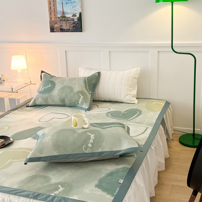 91家纺网 家纺一手货源 找家纺 昔可 2023新款高端数码冰藤席床席款凉席 绿色水彩爱心