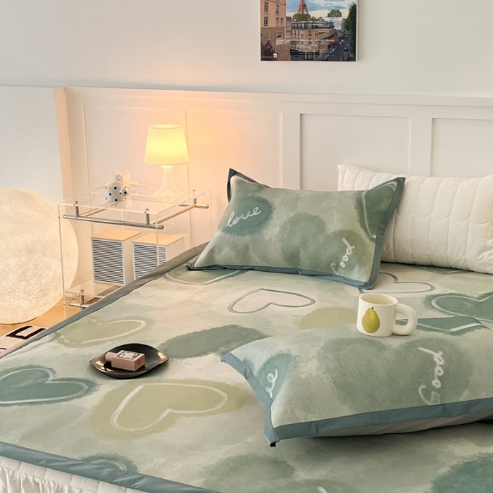 91家纺网 家纺一手货源 找家纺 昔可 2023新款高端数码冰藤席床席款凉席 绿色水彩爱心