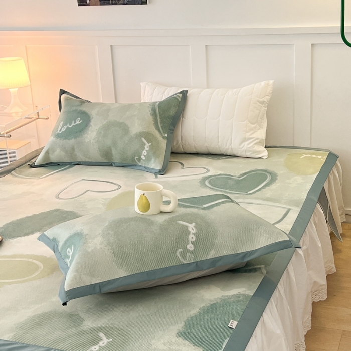 91家纺网 家纺一手货源 找家纺 昔可 2023新款高端数码冰藤席床席款凉席 绿色水彩爱心
