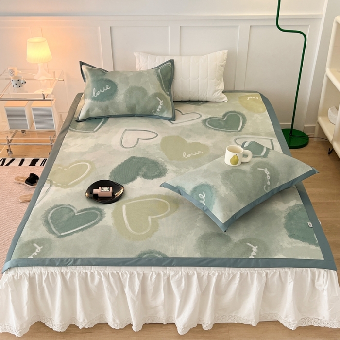 91家纺网 家纺一手货源 找家纺 昔可 2023新款高端数码冰藤席床席款凉席 绿色水彩爱心