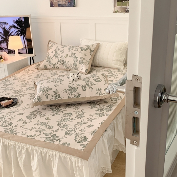 91家纺网 家纺一手货源 找家纺 昔可 2023新款高端数码冰藤席床席款凉席 法式茶歇 绿