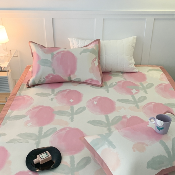 91家纺网 家纺一手货源 找家纺 昔可 2023新款高端数码冰藤席床席款凉席 粉水彩郁金香