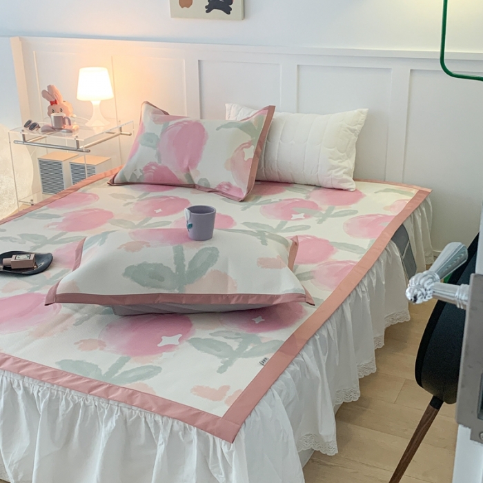 91家纺网 家纺一手货源 找家纺 昔可 2023新款高端数码冰藤席床席款凉席 粉水彩郁金香