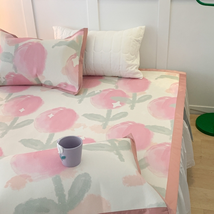 91家纺网 家纺一手货源 找家纺 昔可 2023新款高端数码冰藤席床席款凉席 粉水彩郁金香