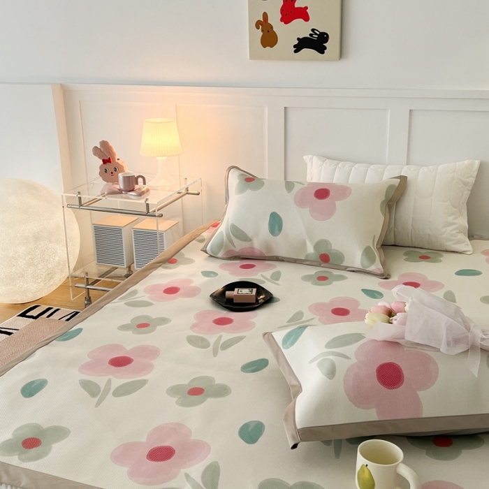 91家纺网 家纺一手货源 找家纺 昔可 2023新款高端数码冰藤席床席款凉席 夏日粉花