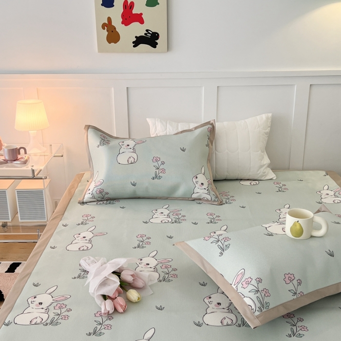 91家纺网 家纺一手货源 找家纺 昔可 2023新款高端数码冰藤席床席款凉席 花朵小兔几