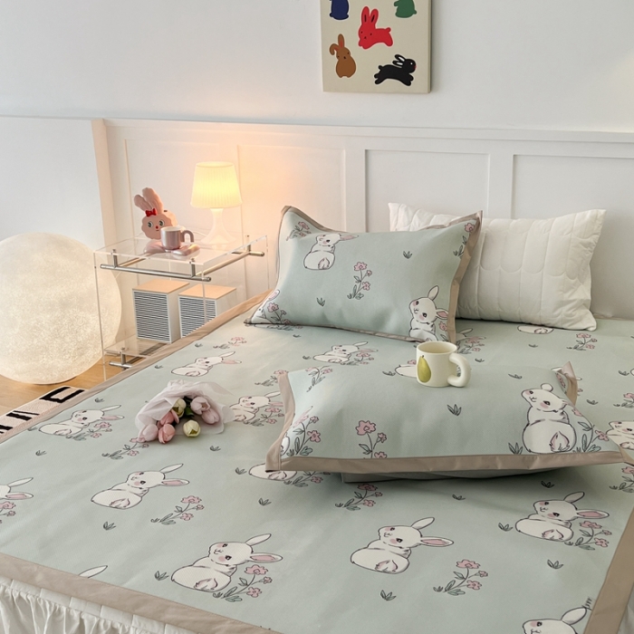 91家纺网 家纺一手货源 找家纺 昔可 2023新款高端数码冰藤席床席款凉席 花朵小兔几