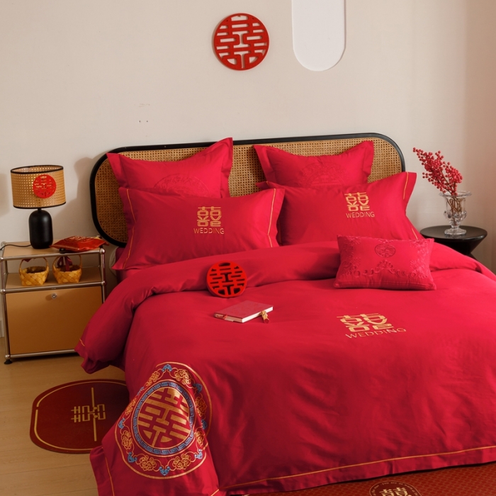 91家纺网 家纺一手货源 找家纺 （总）用心 2023新款长绒棉刺绣婚庆四件套