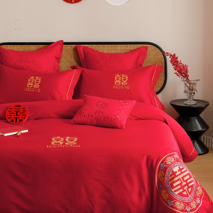 91家纺网 家纺一手货源 找家纺 （总）用心 2023新款长绒棉刺绣婚庆四件套