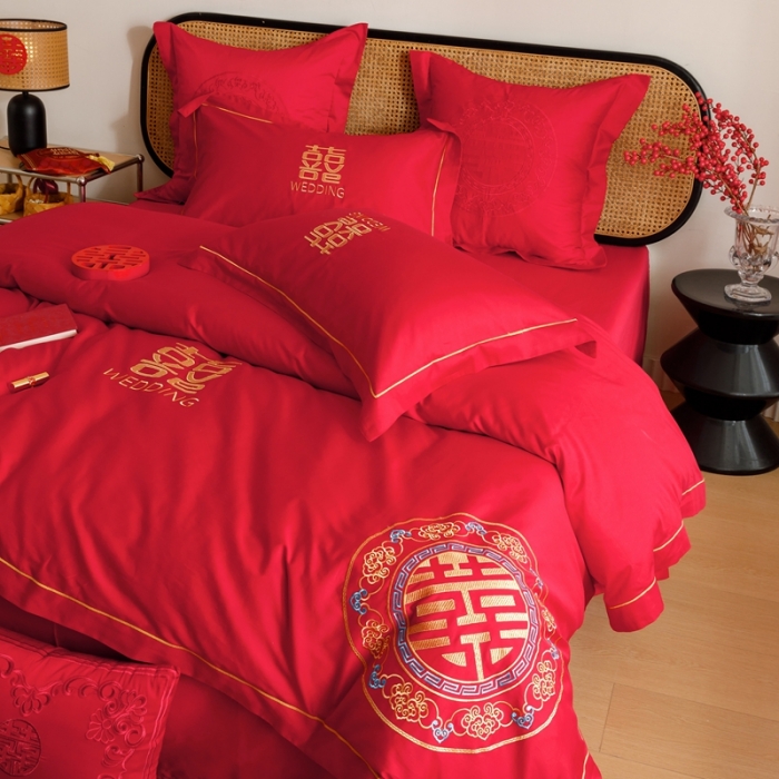 91家纺网 家纺一手货源 找家纺 （总）用心 2023新款长绒棉刺绣婚庆四件套