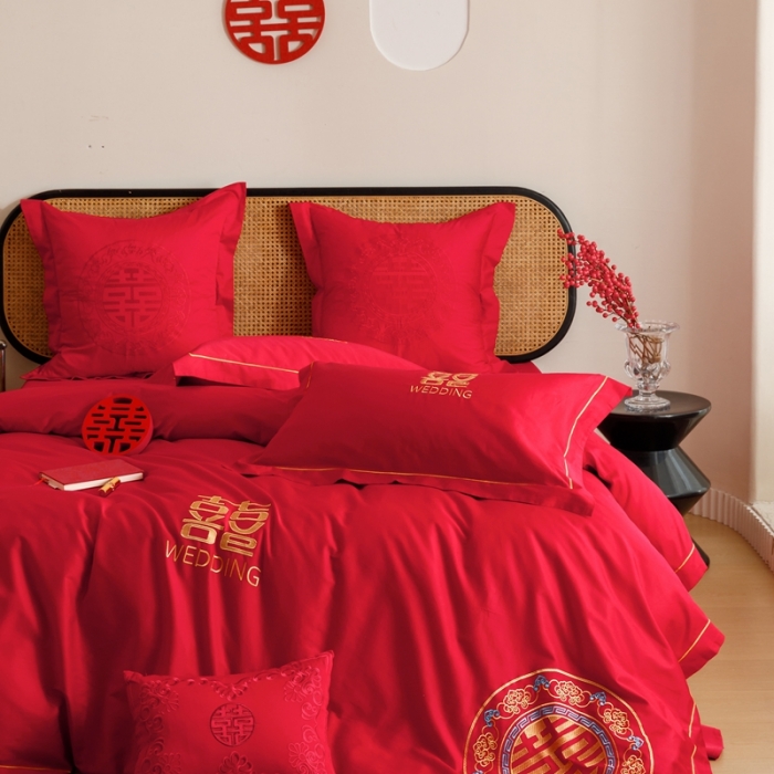 91家纺网 家纺一手货源 找家纺 （总）用心 2023新款长绒棉刺绣婚庆四件套