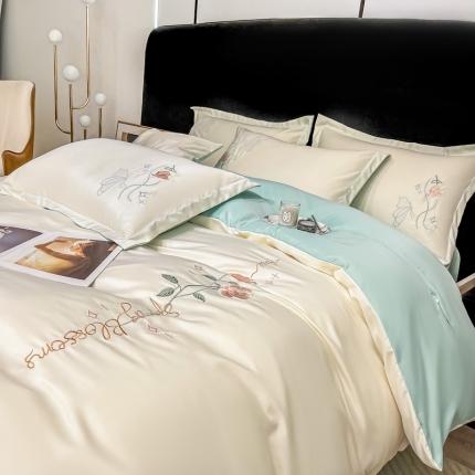 91家纺网 家纺一手货源 找家纺 二八年华 2023新款水洗真丝刺绣四件套玫瑰款系列 玫瑰款-白绿