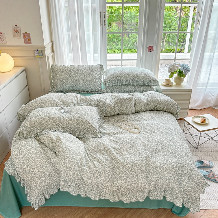 91家纺网 家纺一手货源 找家纺 仟网汇 2023新款有氧双层纱韩版四件套 韩版-拈花绿