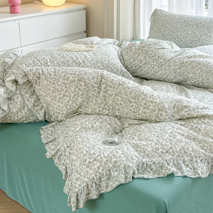 91家纺网 家纺一手货源 找家纺 仟网汇 2023新款有氧双层纱韩版四件套 韩版-拈花绿