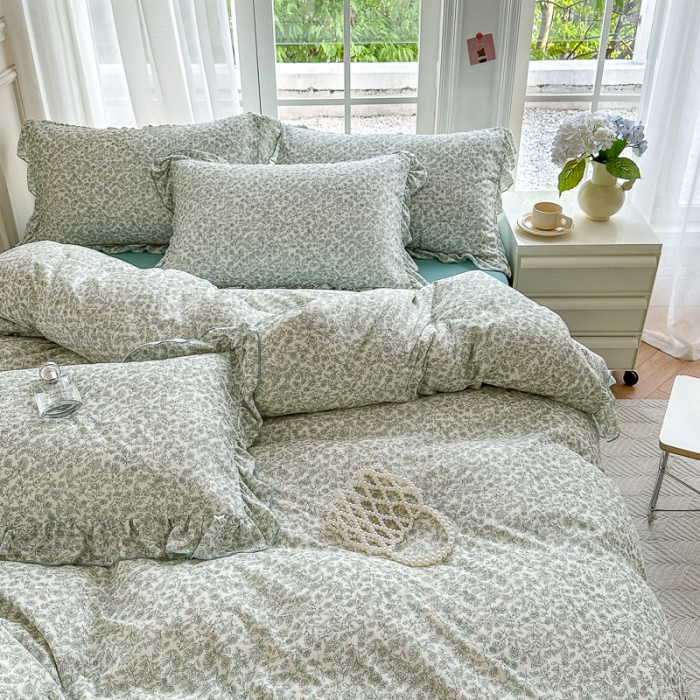 91家纺网 家纺一手货源 找家纺 仟网汇 2023新款有氧双层纱韩版四件套 韩版-拈花绿