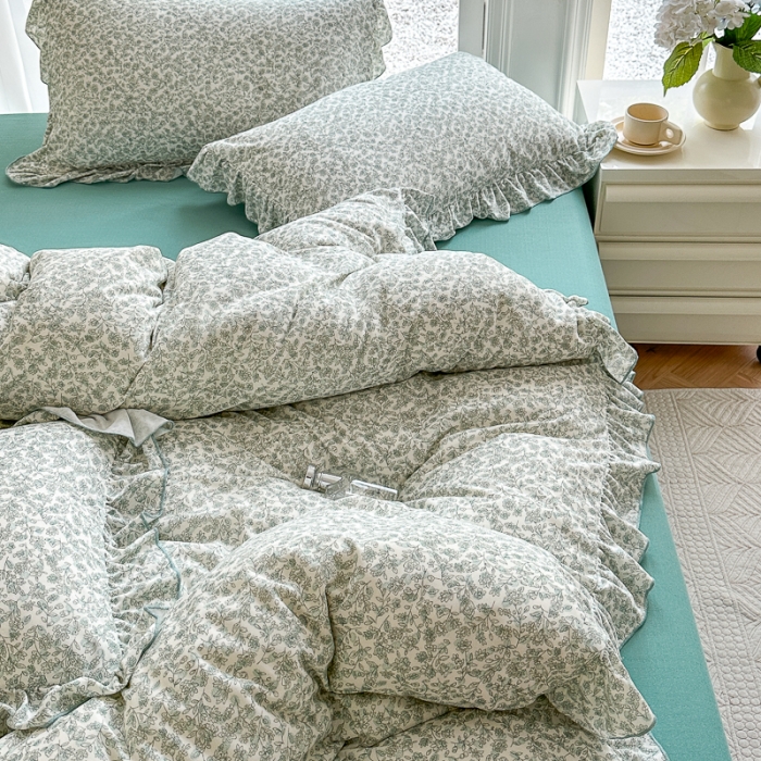 91家纺网 家纺一手货源 找家纺 仟网汇 2023新款有氧双层纱韩版四件套 韩版-拈花绿