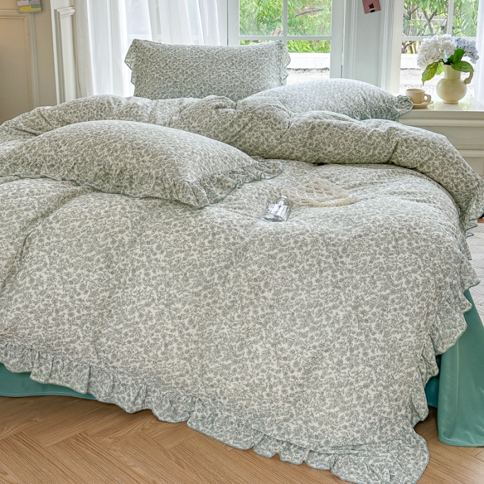 91家纺网 家纺一手货源 找家纺 仟网汇 2023新款有氧双层纱韩版四件套 韩版-拈花绿