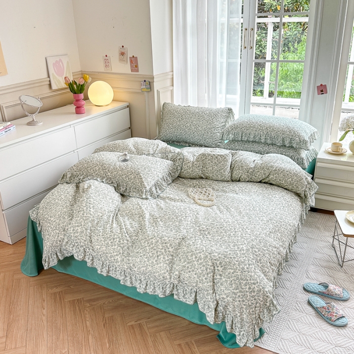 91家纺网 家纺一手货源 找家纺 仟网汇 2023新款有氧双层纱韩版四件套 韩版-拈花绿