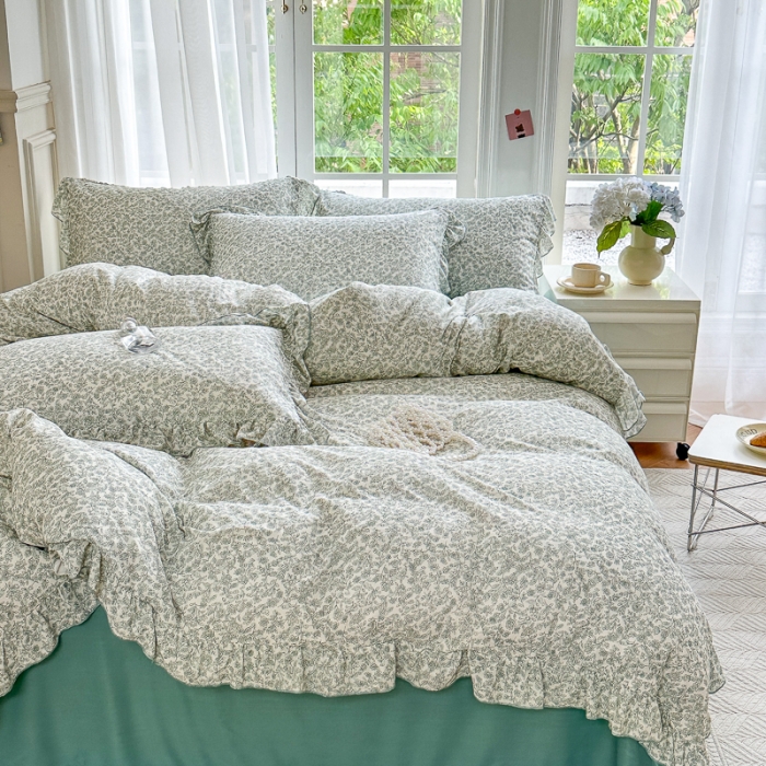 91家纺网 家纺一手货源 找家纺 仟网汇 2023新款有氧双层纱韩版四件套 韩版-拈花绿