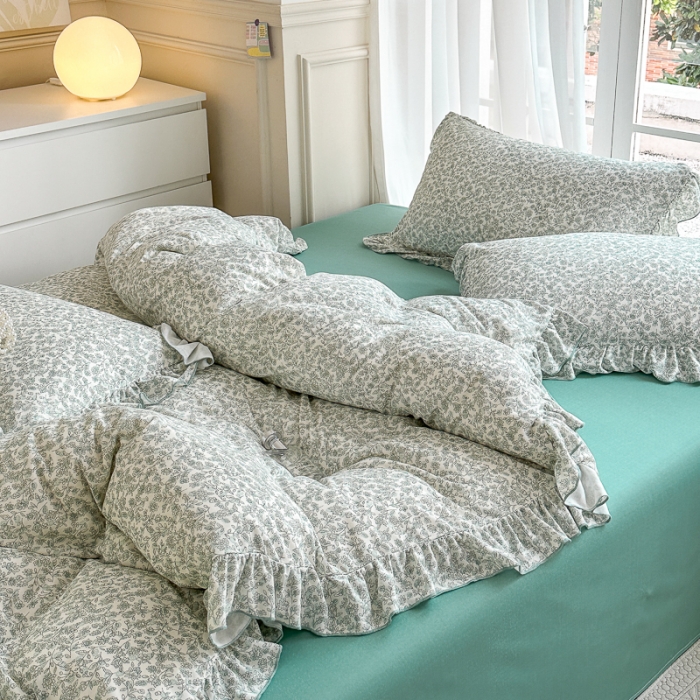 91家纺网 家纺一手货源 找家纺 仟网汇 2023新款有氧双层纱韩版四件套 韩版-拈花绿