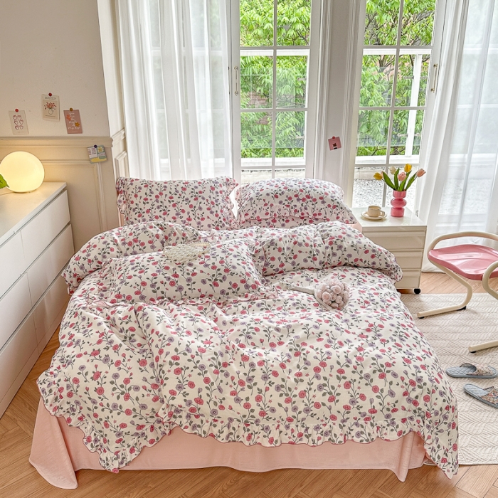 91家纺网 家纺一手货源 找家纺 仟网汇 2023新款有氧双层纱韩版四件套 韩版-牵牛花