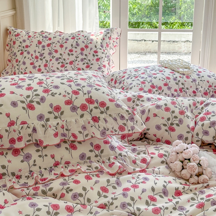 91家纺网 家纺一手货源 找家纺 仟网汇 2023新款有氧双层纱韩版四件套 韩版-牵牛花