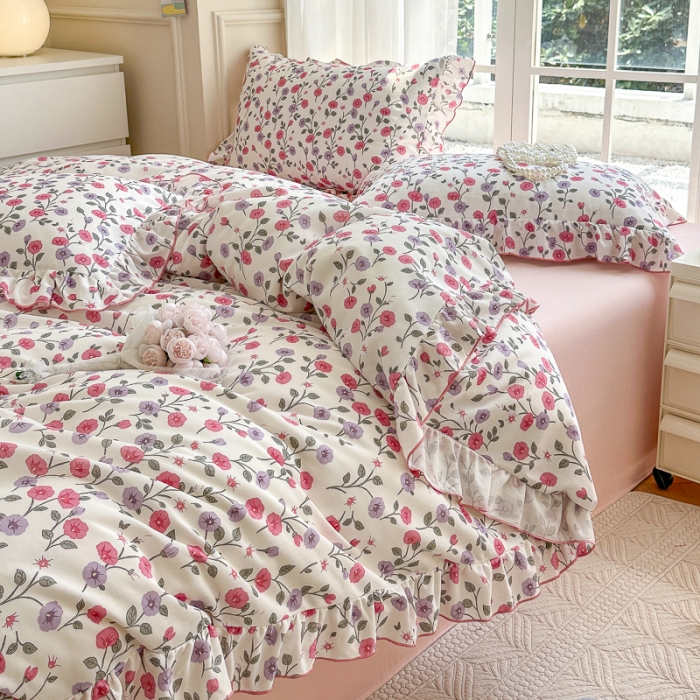 91家纺网 家纺一手货源 找家纺 仟网汇 2023新款有氧双层纱韩版四件套 韩版-牵牛花