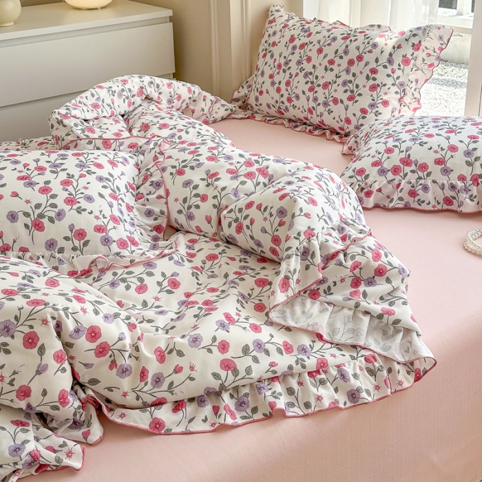 91家纺网 家纺一手货源 找家纺 仟网汇 2023新款有氧双层纱韩版四件套 韩版-牵牛花