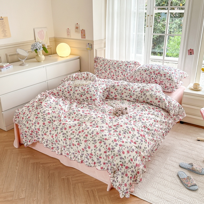 91家纺网 家纺一手货源 找家纺 仟网汇 2023新款有氧双层纱韩版四件套 韩版-牵牛花