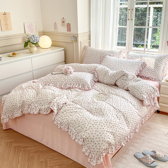 91家纺网 家纺一手货源 找家纺 仟网汇 2023新款有氧双层纱韩版四件套 韩版-浅夕