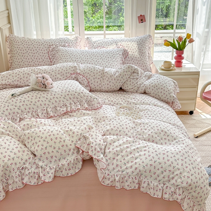 91家纺网 家纺一手货源 找家纺 仟网汇 2023新款有氧双层纱韩版四件套 韩版-浅夕