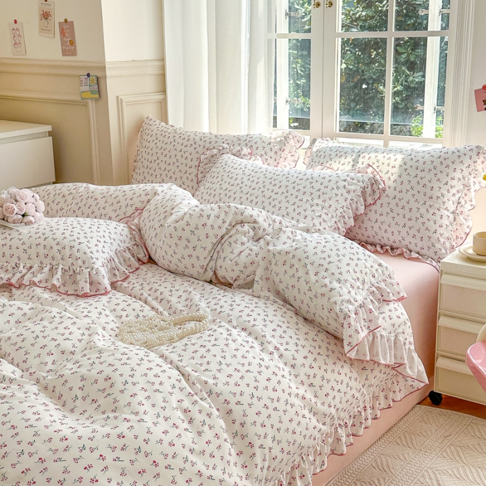 91家纺网 家纺一手货源 找家纺 仟网汇 2023新款有氧双层纱韩版四件套 韩版-浅夕