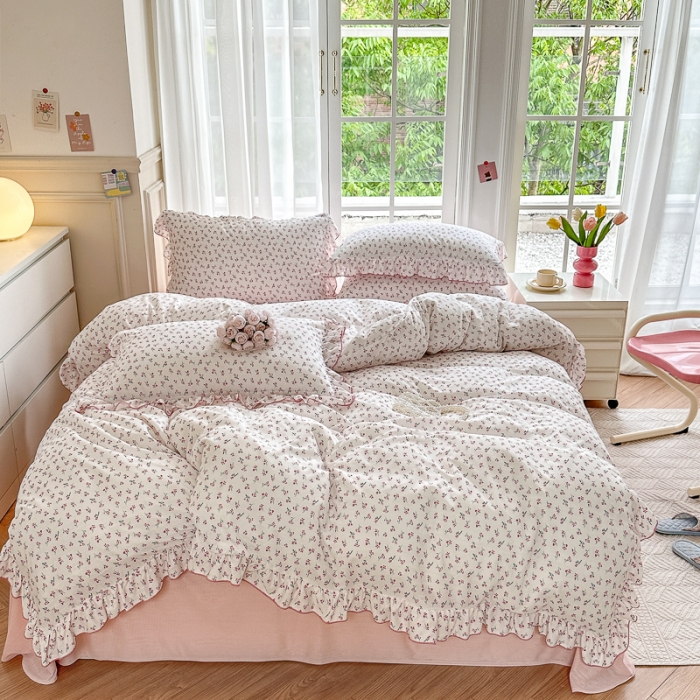 91家纺网 家纺一手货源 找家纺 仟网汇 2023新款有氧双层纱韩版四件套 韩版-浅夕