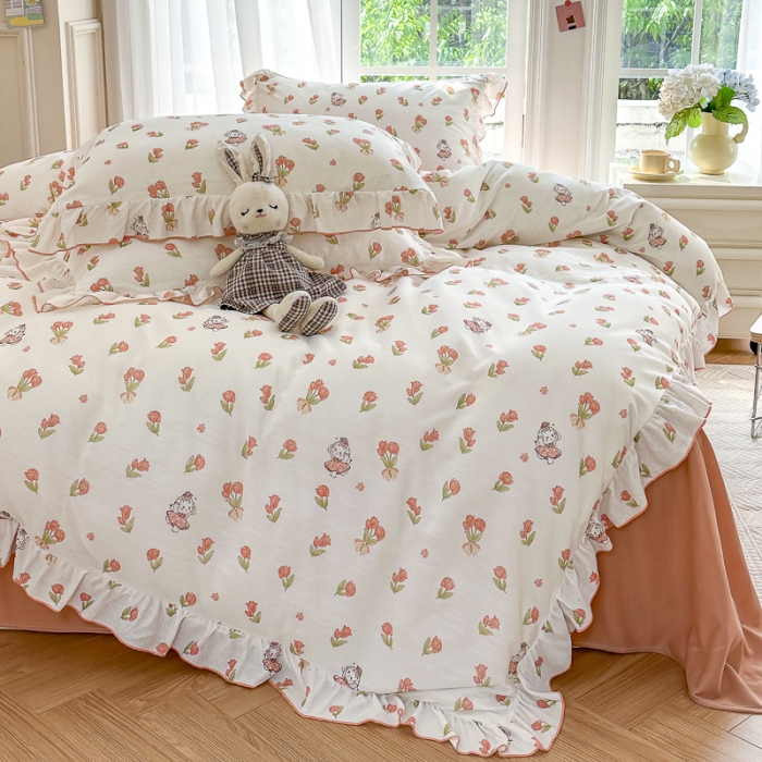 91家纺网 家纺一手货源 找家纺 仟网汇 2023新款有氧双层纱韩版四件套 韩版-森屿少女