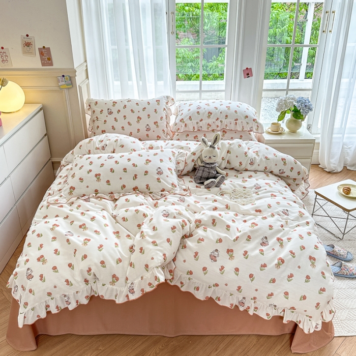 91家纺网 家纺一手货源 找家纺 仟网汇 2023新款有氧双层纱韩版四件套 韩版-森屿少女