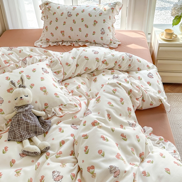 91家纺网 家纺一手货源 找家纺 仟网汇 2023新款有氧双层纱韩版四件套 韩版-森屿少女