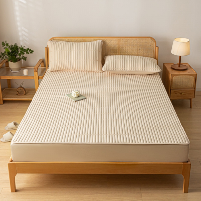 91家纺网 家纺一手货源 找家纺 芬晴 2023新款A类抗菌大豆夹棉床笠 格调-卡其