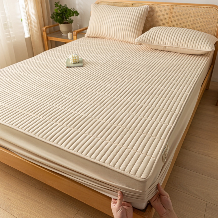 91家纺网 家纺一手货源 找家纺 芬晴 2023新款A类抗菌大豆夹棉床笠 格调-卡其