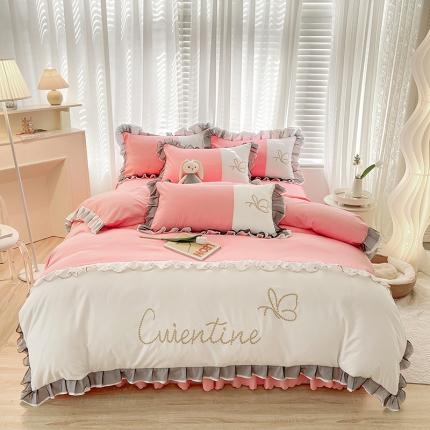 91家纺网 家纺一手货源 找家纺 慕语家纺 2023新款蝶之恋刺绣磨毛花边四件套-风格二 蝶之恋-粉玉