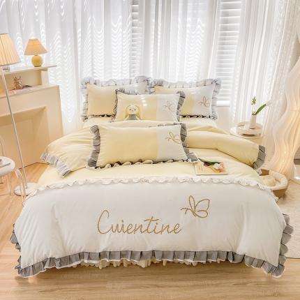 91家纺网 家纺一手货源 找家纺 慕语家纺 2023新款蝶之恋刺绣磨毛花边四件套-风格二 蝶之恋-米黄