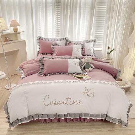 91家纺网 家纺一手货源 找家纺 慕语家纺 2023新款蝶之恋刺绣磨毛花边四件套-风格二 蝶之恋-魔芋粉