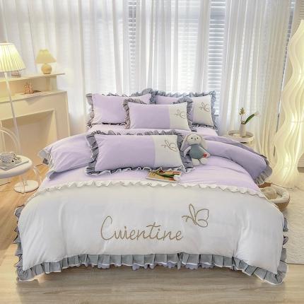 91家纺网 家纺一手货源 找家纺 慕语家纺 2023新款蝶之恋刺绣磨毛花边四件套-风格二 蝶之恋-香芋紫