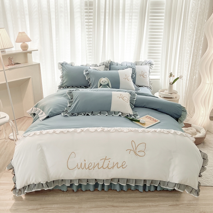 91家纺网 家纺一手货源 找家纺 慕语家纺 2023新款蝶之恋刺绣磨毛花边四件套-风格二 蝶之恋-湖蓝