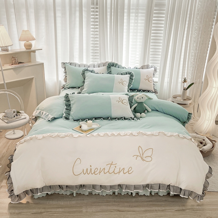 91家纺网 家纺一手货源 找家纺 慕语家纺 2023新款蝶之恋刺绣磨毛花边四件套-风格二 蝶之恋-湖水绿