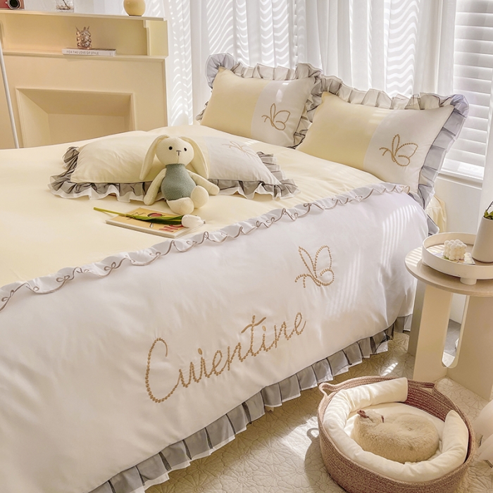 91家纺网 家纺一手货源 找家纺 慕语家纺 2023新款蝶之恋刺绣磨毛花边四件套-风格二 蝶之恋-米黄