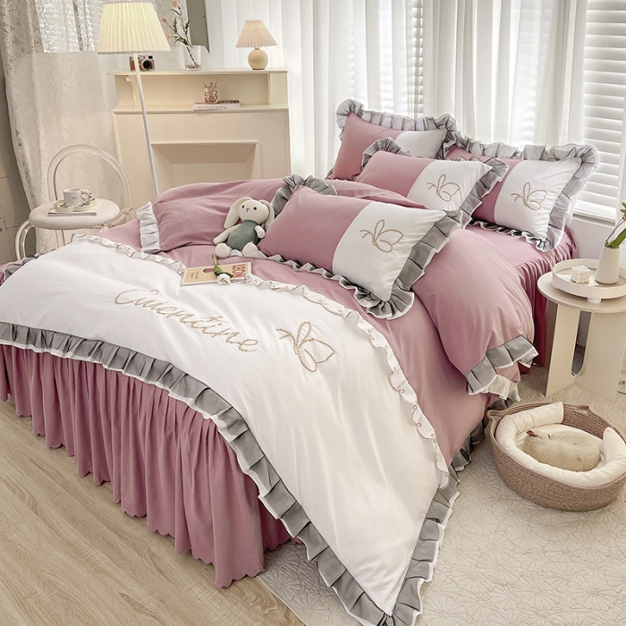 91家纺网 家纺一手货源 找家纺 慕语家纺 2023新款蝶之恋刺绣磨毛花边四件套-风格二 蝶之恋-魔芋粉