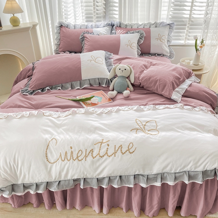 91家纺网 家纺一手货源 找家纺 慕语家纺 2023新款蝶之恋刺绣磨毛花边四件套-风格二 蝶之恋-魔芋粉