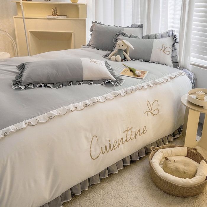 91家纺网 家纺一手货源 找家纺 慕语家纺 2023新款蝶之恋刺绣磨毛花边四件套-风格二 蝶之恋-银灰