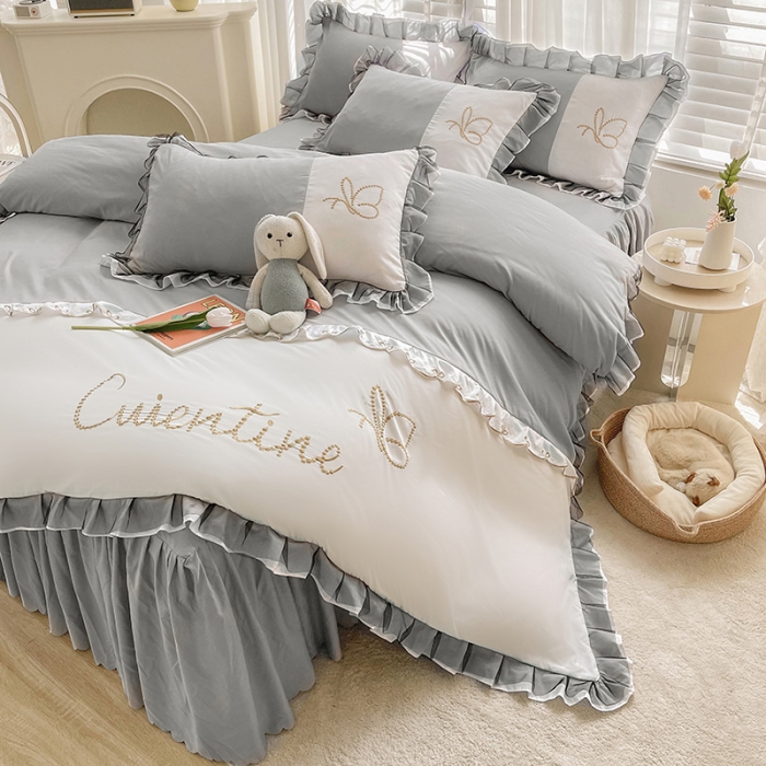 91家纺网 家纺一手货源 找家纺 慕语家纺 2023新款蝶之恋刺绣磨毛花边四件套-风格二 蝶之恋-银灰